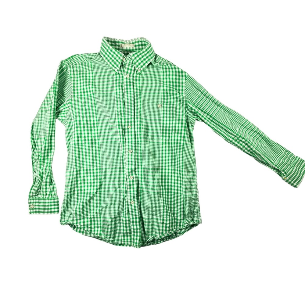 Orvis Button Down Shirt Men Large Green White Gingham Excellent 100% Cotton 18FL